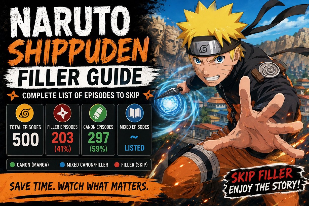 Naruto Shippuden filler guide showing filler episodes to skip